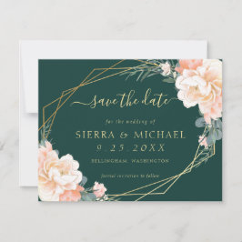 Chic Emerald Green Peach Gold Floral Save the Date Einladung