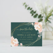 Chic Emerald Green Peach Gold Floral Save the Date Einladung (Stehend Vorderseite)