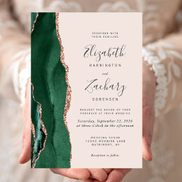 Chic Emerald Green Rose Gold Agate Blush Wedding Einladung