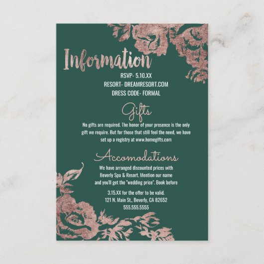 Chic Emerald Green Rose Gold Floral Information Begleitkarte (Vorderseite)