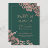 Chic Emerald Green Rose Gold Floral Sweet 16 Einladung (Vorne/Hinten)