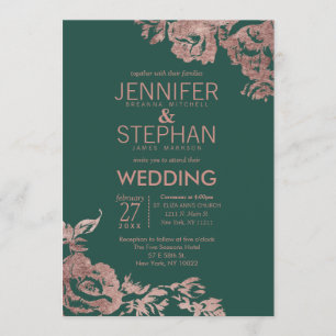 Chic Emerald Green Rose Gold Floral Wedding Einladung