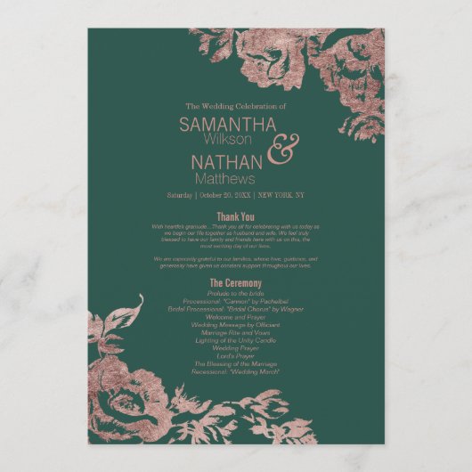 Chic Emerald Green Rose Gold Floral Wedding Programm (Vorderseite)