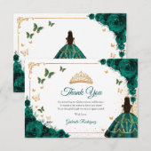 Chic Emerald Green Roses Gold Quinceanera Dankeskarte (Vorne/Hinten)