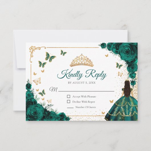 Chic Emerald Green Roses Gold Quinceanera Reply RSVP Karte (Vorderseite)
