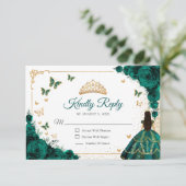 Chic Emerald Green Roses Gold Quinceanera Reply RSVP Karte (Stehend Vorderseite)