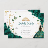 Chic Emerald Green Roses Gold Quinceanera Reply RSVP Karte (Vorne/Hinten)