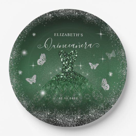 Chic Emerald Green Silver Glitzer Gown Quinceañera Pappteller (Vorderseite)