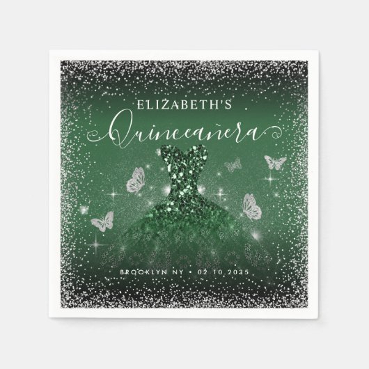Chic Emerald Green Silver Glitzer Gown Quinceañera Serviette (Vorderseite)