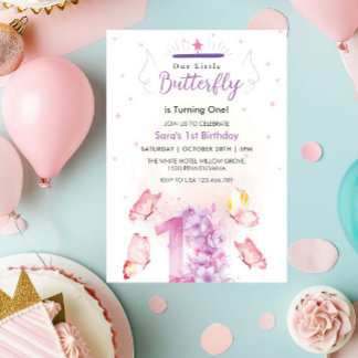Chic Erster 1. Geburtstag Lila Flora & Butterfly Einladung
