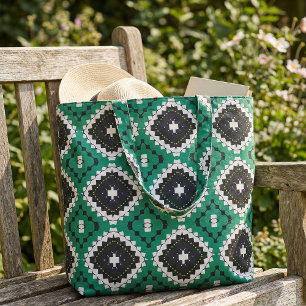 Chic Ethnic Green Black & White Geometric Muster Stoff