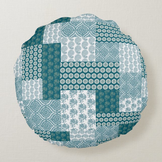 Chic Ethnic Imitats Patchwork Pattern, Aquamarin u Rundes Kissen (Rückseite)