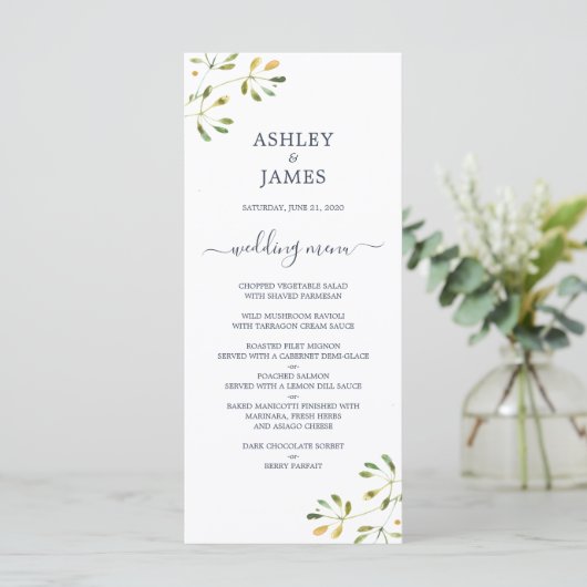 Chic Eucalyptus Foliage Dark Blue Script Wedding Menükarte (Stehend Vorderseite)
