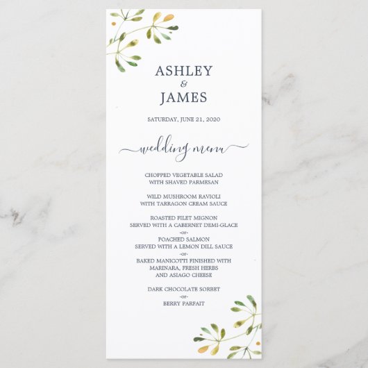 Chic Eucalyptus Foliage Dark Blue Script Wedding Menükarte (Vorderseite)