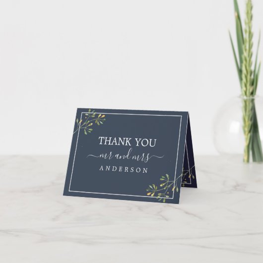 Chic Eucalyptus Foliage Navy Blue Wedding Foto Dankeskarte (Vorderseite)
