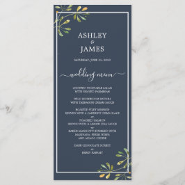Chic Eucalyptus Green Navy Blue Botanical Wedding Menükarte