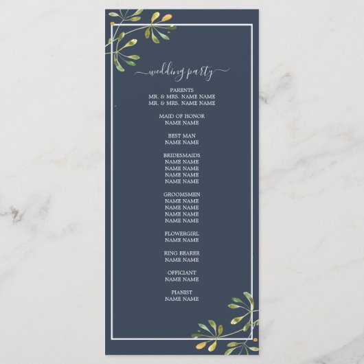 Chic Eucalyptus Green Navy Blue Botanical Wedding Programm (Rückseite)
