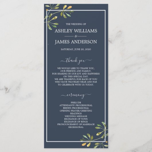 Chic Eucalyptus Green Navy Blue Botanical Wedding Programm (Vorderseite)