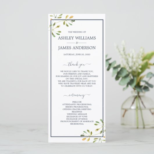 Chic Eucalyptus Green Navy Blue Botanical Wedding Programm (Stehend Vorderseite)