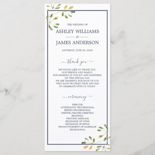 Chic Eucalyptus Green Navy Blue Botanical Wedding Programm (Vorderseite)