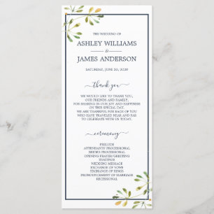 Chic Eucalyptus Green Navy Blue Botanical Wedding Programm