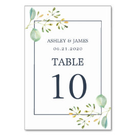 Chic Eucalyptus Green Navy Blue Botanical Wedding Tischnummer