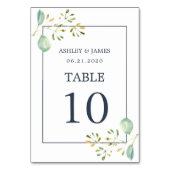 Chic Eucalyptus Green Navy Blue Botanical Wedding Tischnummer (Rückseite)