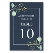 Chic Eucalyptus Green Navy Blue Botanical Wedding Tischnummer (Rückseite)