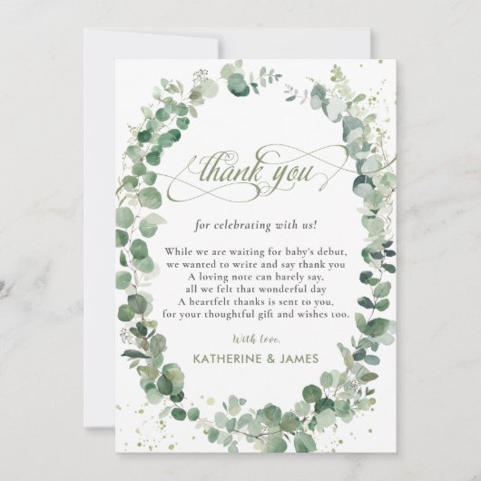 Chic Eucalyptus Greenery Baby Shower Geburtstag Dankeskarte (Vorderseite)