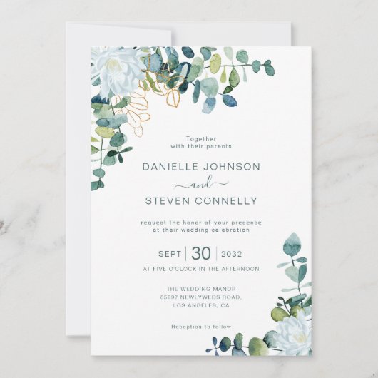 Chic eucalyptus greenery white flowers wedding einladung (Vorderseite)