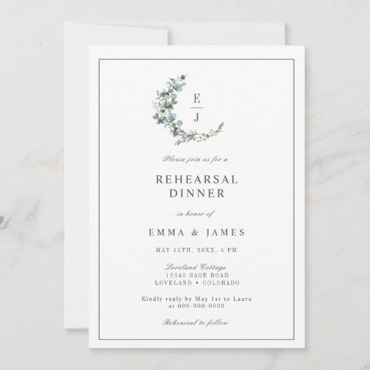 Chic Eucalyptus Monogram Wreath Probe Dinner I Einladung (Vorderseite)