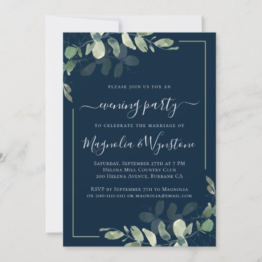 Chic Eucalyptus Navy Blue Wedding Reception Einladung (Vorderseite)