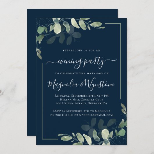 Chic Eucalyptus Navy Blue Wedding Reception Einladung (Vorne/Hinten)