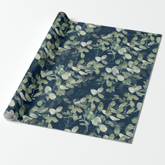 Chic Eucalyptus Pattern Navy Blue Geschenkpapier (Ungerollt)