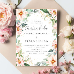 Chic Eucalyptus Peach Rose Nuestra Boda Wedding Einladung