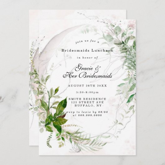 Chic Eucalyptus Pink Bridesmaids Luncheon Invites (Vorne/Hinten)
