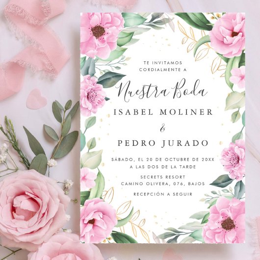 Chic Eucalyptus Pink Roses Nuestra Boda Wedding Einladung