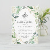 Chic Eucalyptus White Roses Islamische Hochzeit Einladung (Stehend Vorderseite)