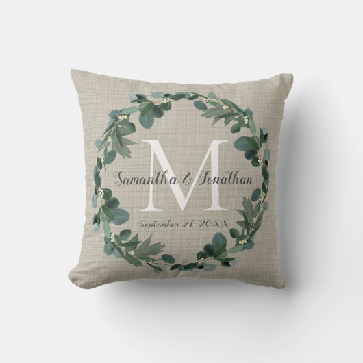 Chic Eucalyptus Wreath Monogram Wedake Kissen (Vorderseite)