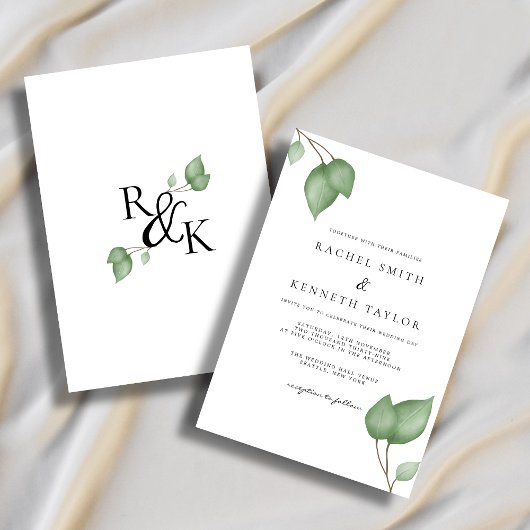 Chic Eukalyptus Black & White Minimalistisch Weddi Einladung