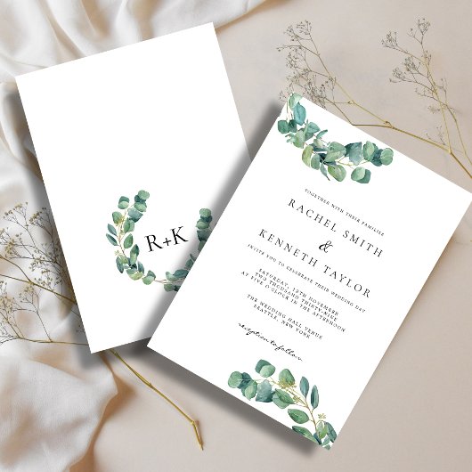 Chic Eukalyptus Black & White Minimalistisch Weddi Einladung