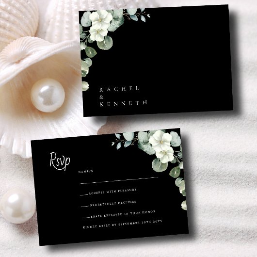Chic Eukalyptus Black & White Minimalistisch Weddi RSVP Karte