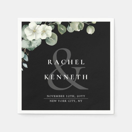 Chic Eukalyptus Black & White Minimalistisch Weddi Serviette (Vorderseite)