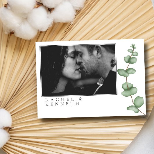 Chic Eukalyptus Black & White Minimalistisches Fot RSVP Karte