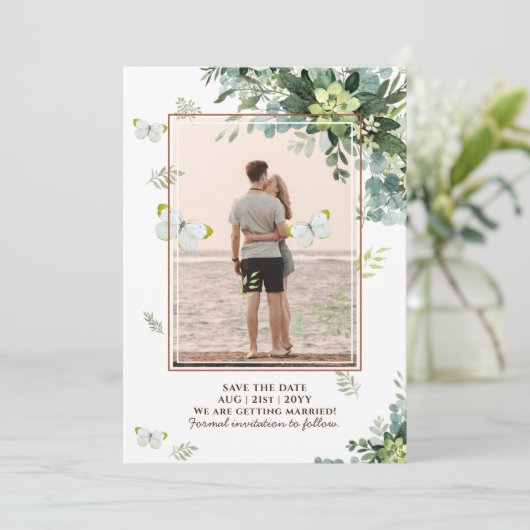 Chic Eukalyptus Greenerity Blätter Emerald Wedding Save The Date (Stehend Vorderseite)