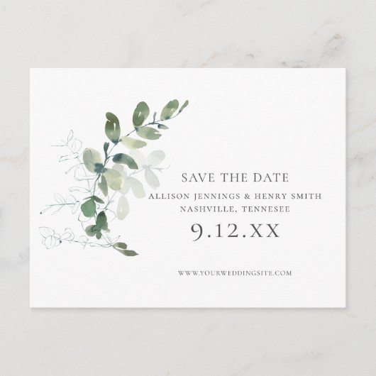 Chic Eukalyptus Greenerity Wedding Save the Date Ankündigungspostkarte (Vorderseite)