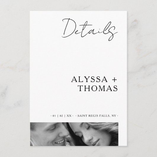 Chic Extra Minimalist Black & White Photo Wedding Begleitkarte (Vorderseite)