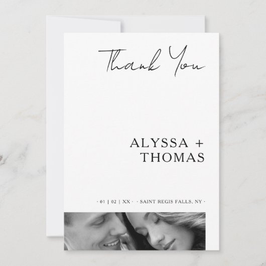 Chic Extra Minimalist Black & White Photo Wedding  Dankeskarte (Vorderseite)