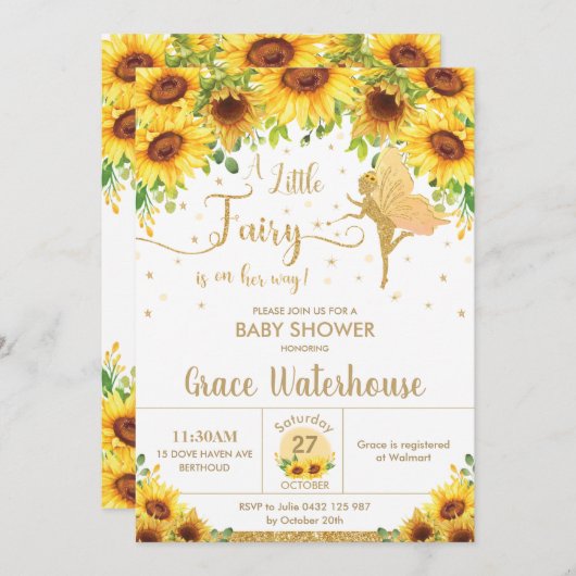 Chic Fairy Sunflower Bloral Baby Shower Girl Einladung (Vorne/Hinten)