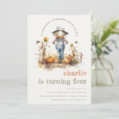 Chic Fall Pumpkin Scarecrow Harvest Kindergeburtst Einladung (Stehend Vorderseite)